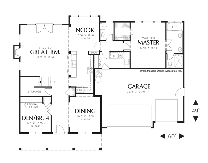 Main Floor Plan image for Mascord Merrill-Country Plan with Vaulted Master Suite and Loft Area-Main Floor Plan