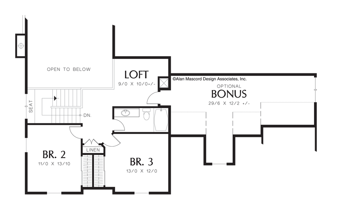 Upper Floor Plan image for Mascord Merrill-Country Plan with Vaulted Master Suite and Loft Area-Upper Floor Plan