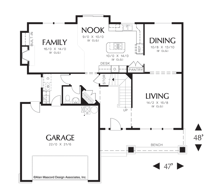 Main Floor Plan image for Mascord Maxwell-Craftsman Plan with Island in Kitchen-Main Floor Plan