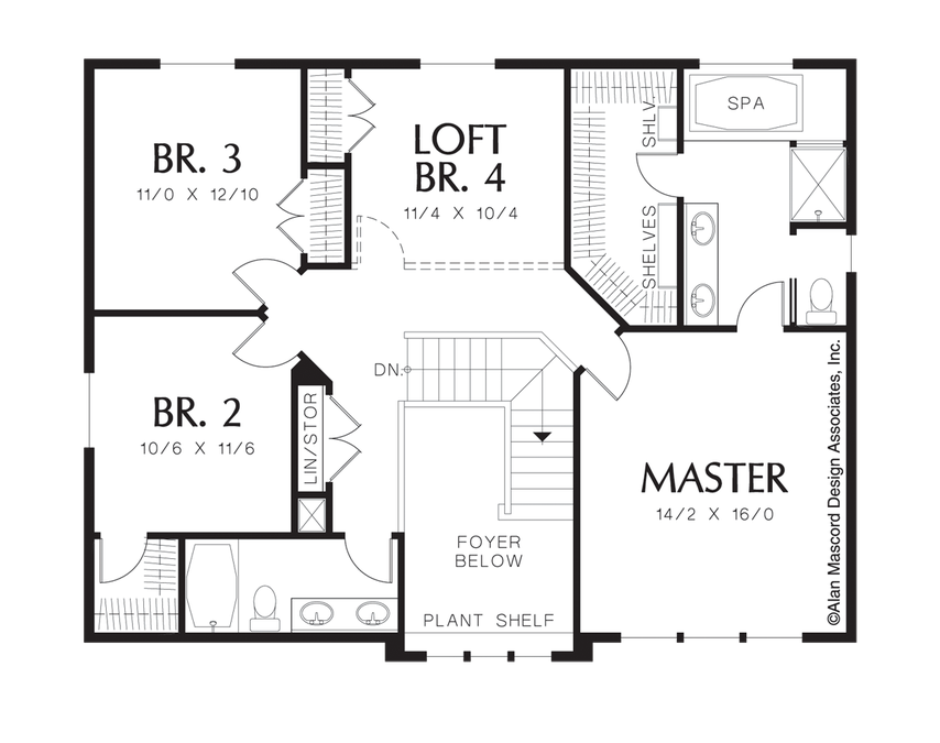 Upper Floor Plan image for Mascord Maxwell-Craftsman Plan with Island in Kitchen-Upper Floor Plan