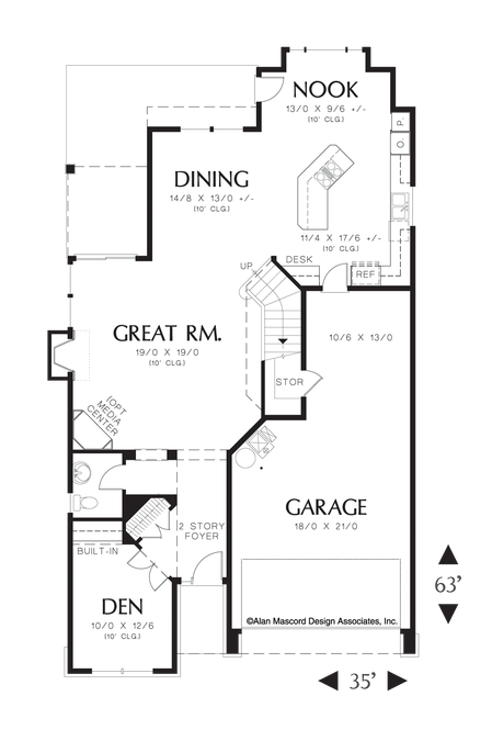 Main Floor Plan image for Mascord Seymour-Narrow Lot Craftsman Plan with Vaulted Master Suite-Main Floor Plan