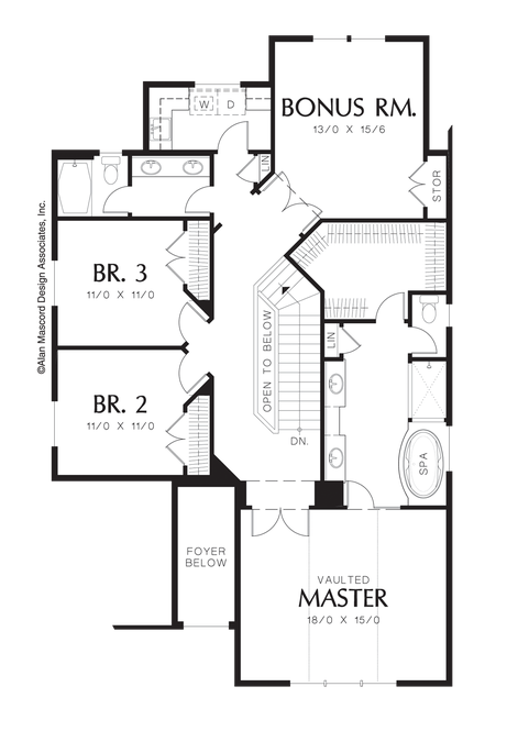 Upper Floor Plan image for Mascord Seymour-Narrow Lot Craftsman Plan with Vaulted Master Suite-Upper Floor Plan