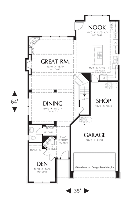 Main Floor Plan image for Mascord Mansfield-Narrow Bungalow Plan with Tall Windows-Main Floor Plan