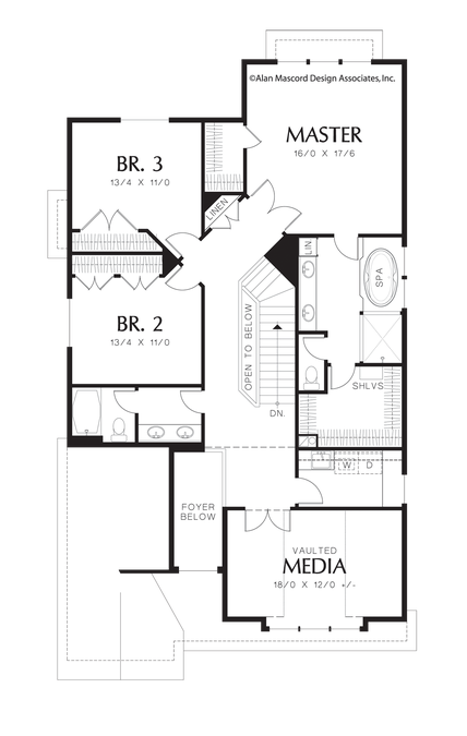 Upper Floor Plan image for Mascord Mansfield-Narrow Bungalow Plan with Tall Windows-Upper Floor Plan