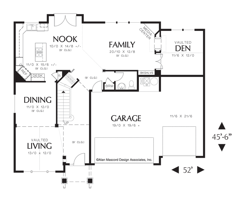 Main Floor Plan image for Mascord Bakersfield-Craftsman Plan Laundry on 2nd Floor-Main Floor Plan