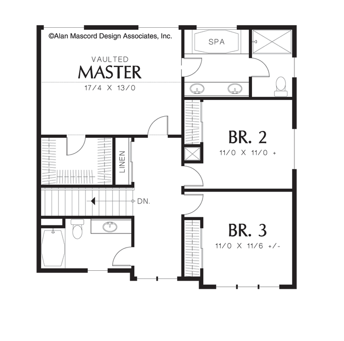 Upper Floor Plan image for Mascord Morrison-Craftsman Plan with 3 Car Garage and Walk-in Pantry-Upper Floor Plan