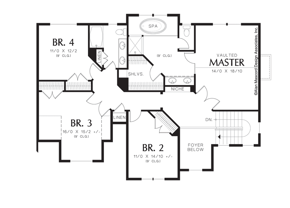 Upper Floor Plan image for Mascord Calhoun-Classic Family Plan with 4 Bedrooms-Upper Floor Plan