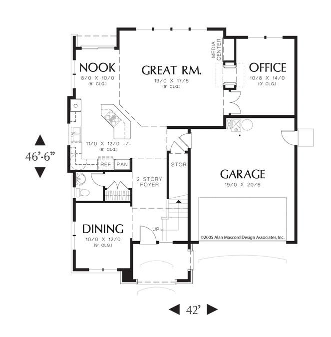Main Floor Plan image for Mascord Norwood-European Cottage plan with Island in Kitchen-Main Floor Plan