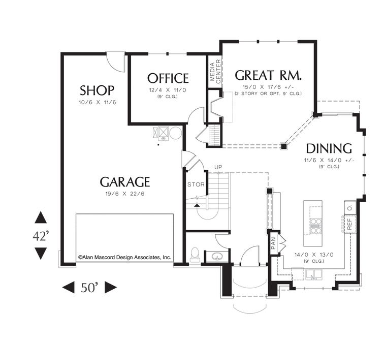Main Floor Plan image for Mascord Elmore-Vaulted Bedrooms in Lovely French Cottage Plan-Main Floor Plan