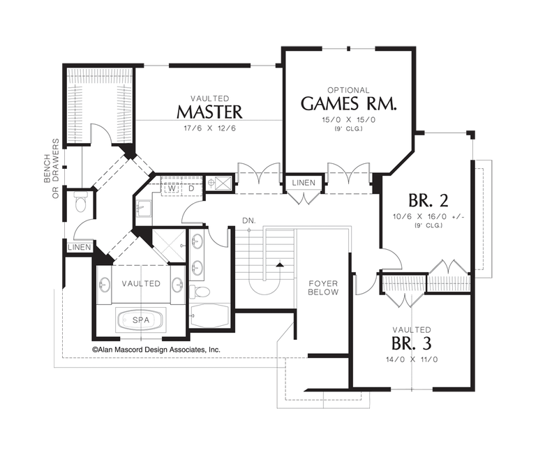 Upper Floor Plan image for Mascord Elmore-Vaulted Bedrooms in Lovely French Cottage Plan-Upper Floor Plan