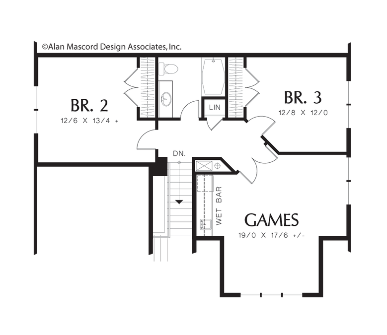 Upper Floor Plan image for Mascord Fairfield-Flexible Living/Dining Room in European Cottage Plan-Upper Floor Plan