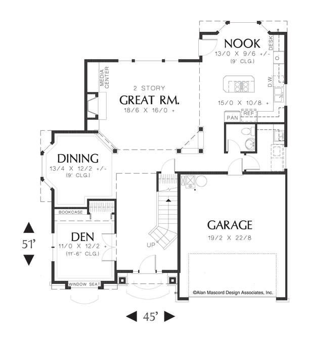 Main Floor Plan image for Mascord Eastpointe-Shingle Plan with 2 Story Foyer and Skylights-Main Floor Plan