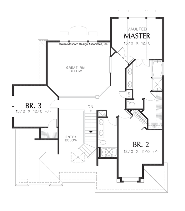Upper Floor Plan image for Mascord Eastpointe-Shingle Plan with 2 Story Foyer and Skylights-Upper Floor Plan