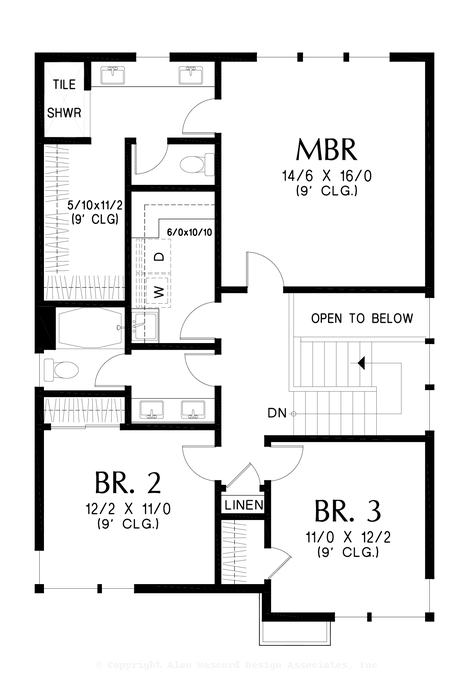 Upper Floor Plan image for Mascord Foxglove-Modern Prairie with Three Beds, Two Baths and All the Charm You Need-Upper Floor Plan