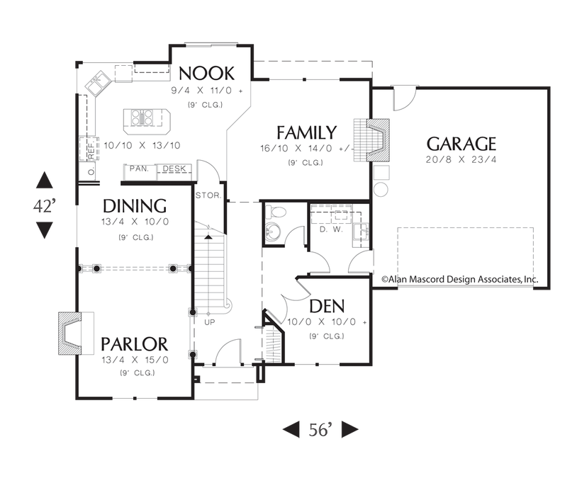 Main Floor Plan image for Mascord Oakdale-Fireplaces in Family Room and Parlor-Main Floor Plan