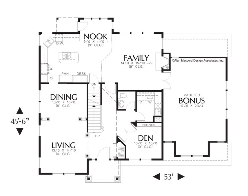 Main Floor Plan image for Mascord Hinckley-Craftsman Plan with His and Hers Closets in Master-Main Floor Plan