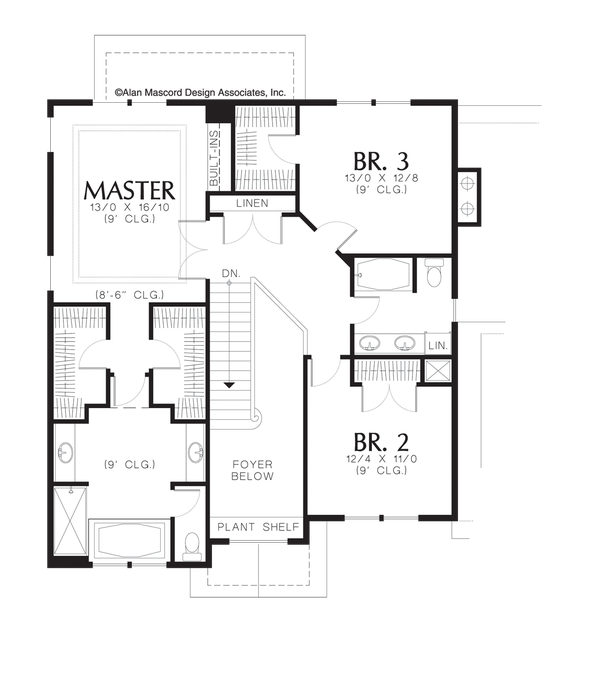 Upper Floor Plan image for Mascord Hinckley-Craftsman Plan with His and Hers Closets in Master-Upper Floor Plan