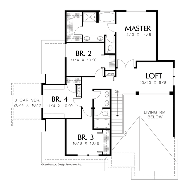Upper Floor Plan image for Mascord Walker-Cottage Style Plan for Versatile Locations-Upper Floor Plan