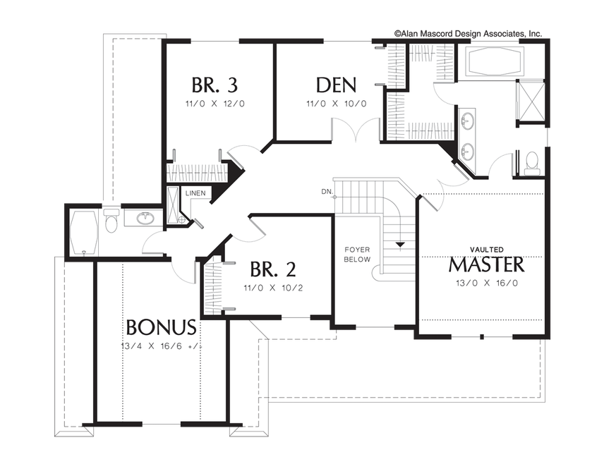 Upper Floor Plan image for Mascord Atwater-Country Plan with Bonus Space Over Garage-Upper Floor Plan