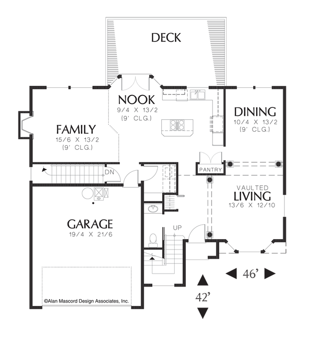 Main Floor Plan image for Mascord Bromley-3 Floor Home Plan for Steep Sloping Lot-Main Floor Plan