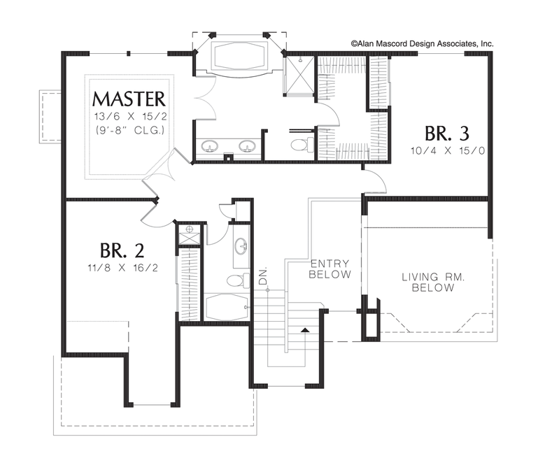 Upper Floor Plan image for Mascord Bromley-3 Floor Home Plan for Steep Sloping Lot-Upper Floor Plan