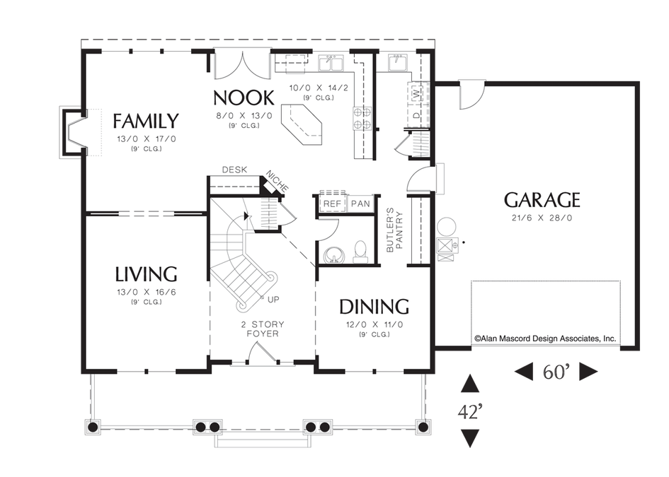 Main Floor Plan image for Mascord Camden-Symmetrical Floor Plan in Craftsman Design-Main Floor Plan