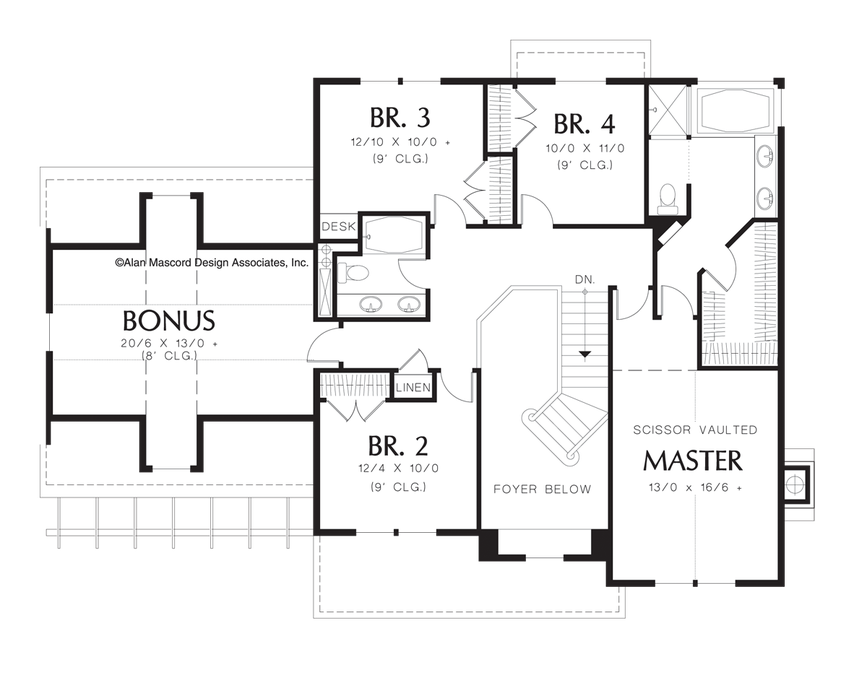 Upper Floor Plan image for Mascord Campton-Craftsman Plan with Private Den-Upper Floor Plan