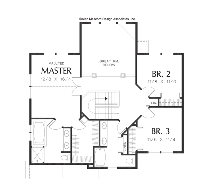 Upper Floor Plan image for Mascord Bloomfield-Craftsman Plan with Grand Staircase-Upper Floor Plan