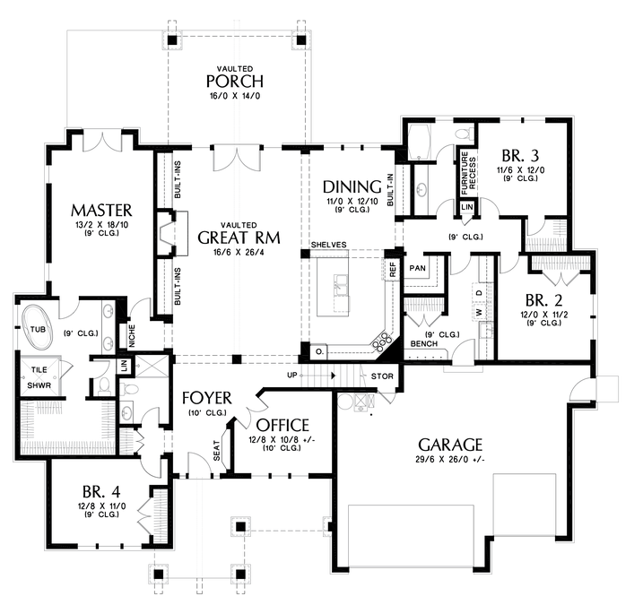 Main Floor Plan image for Mascord Edgefield-Beautiful Craftsman with Extras for the Family-Main Floor Plan