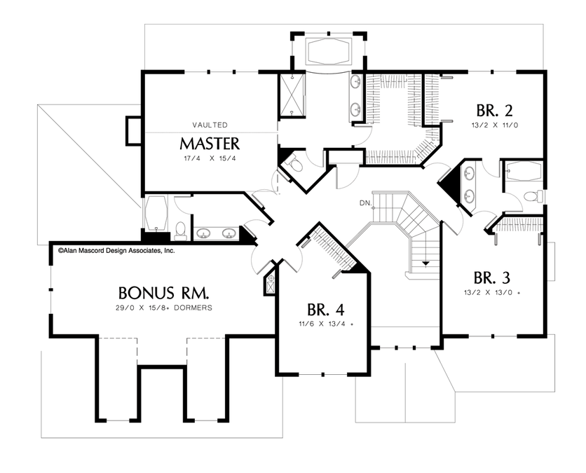 Upper Floor Plan image for Mascord Branigan-Large Bonus Room Above the Garage-Upper Floor Plan