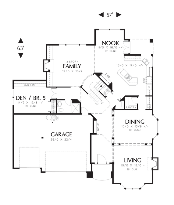 Main Floor Plan image for Mascord Collison-Angled Central Staircase Overlooks Family Room-Main Floor Plan