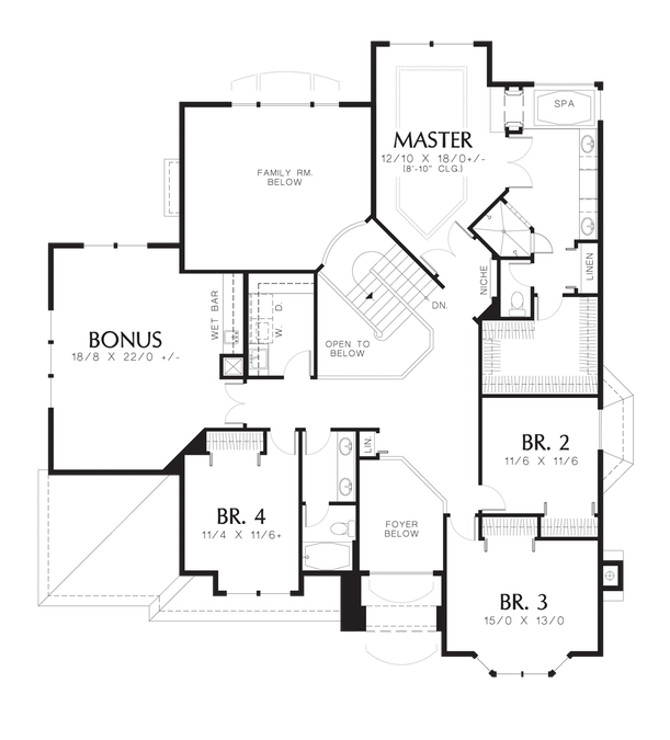 Upper Floor Plan image for Mascord Collison-Angled Central Staircase Overlooks Family Room-Upper Floor Plan