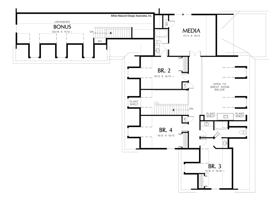 Upper Floor Plan image for Mascord Aldenham-Colonial Style Plan with Multiple Dormers-Upper Floor Plan