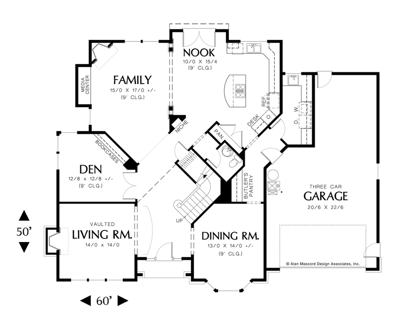 Main Floor Plan image for Mascord Primrose-Hipped Roof, Built-in Bookcases-Main Floor Plan