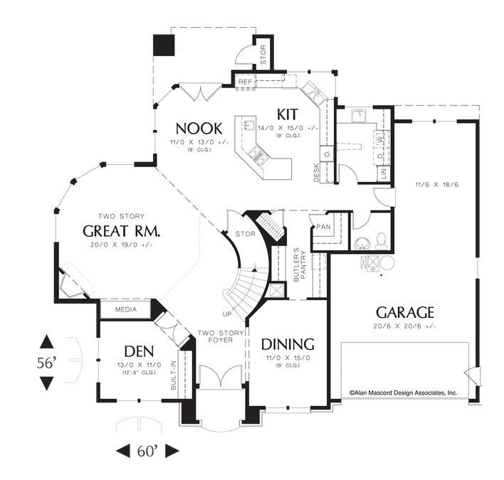 Main Floor Plan image for Mascord Sedgwick-Curved Wall of Glass in Great Room-Main Floor Plan