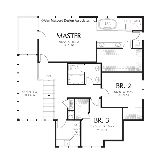Upper Floor Plan image for Mascord Allaire-Prairie Style Solution to Sloping Lot-Upper Floor Plan