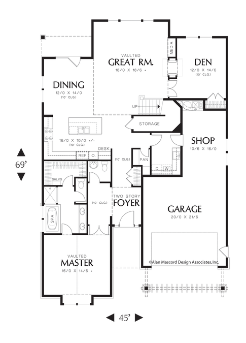 Main Floor Plan image for Mascord Turner-2 story Craftsman with Vaulted Ceilings-Main Floor Plan