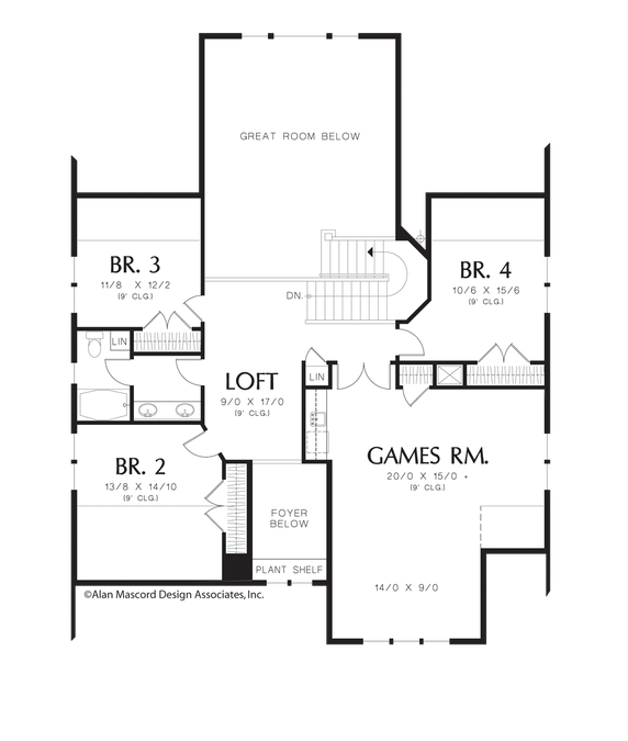 Upper Floor Plan image for Mascord Turner-2 story Craftsman with Vaulted Ceilings-Upper Floor Plan