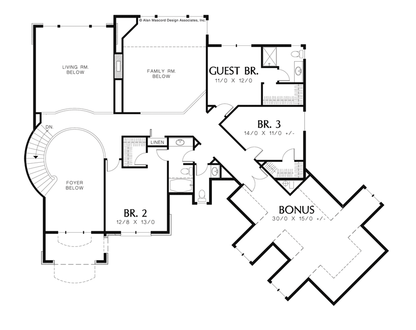 Upper Floor Plan image for Mascord Holloway-Angled Garage and Curved Staircase-Upper Floor Plan