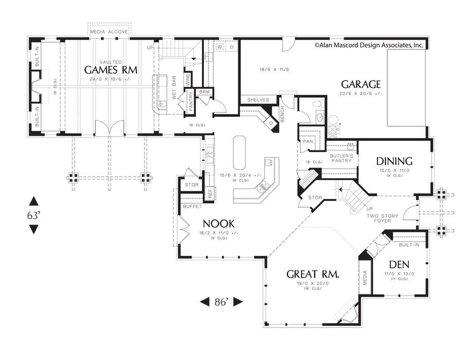 Main Floor Plan image for Mascord Ladner-Craftsman Plan with Two Gathering Areas-Main Floor Plan