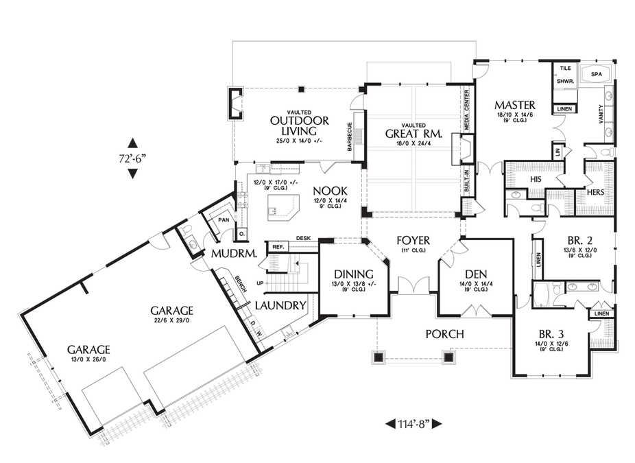 Main Floor Plan image for Mascord Braecroft-Picturesque Lodge Home Plan with Space for Work and Play-Main Floor Plan