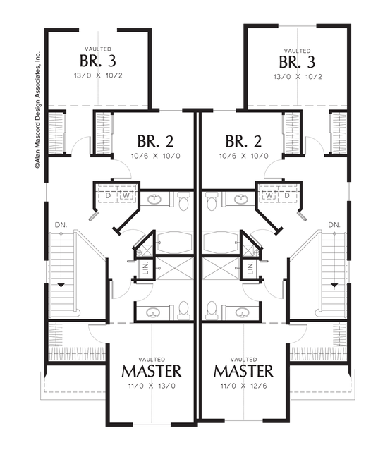 Upper Floor Plan image for Mascord Crownright-Curb Appeal in Traditional Duplex Plan-Upper Floor Plan