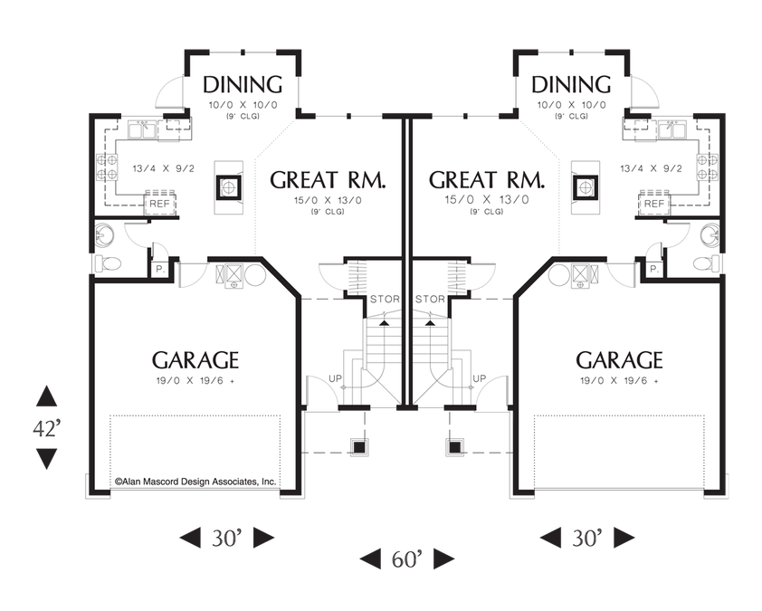Main Floor Plan image for Mascord Applegate-Large Colonial Style Duplex Plan-Main Floor Plan