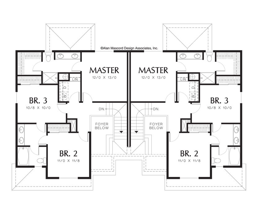 Upper Floor Plan image for Mascord Applegate-Large Colonial Style Duplex Plan-Upper Floor Plan