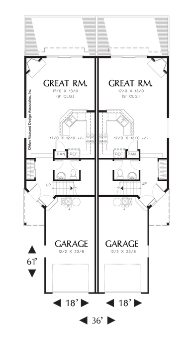 Main Floor Plan image for Mascord Abbotsville-T-Shaped Staircase in Cottage Duplex-Main Floor Plan