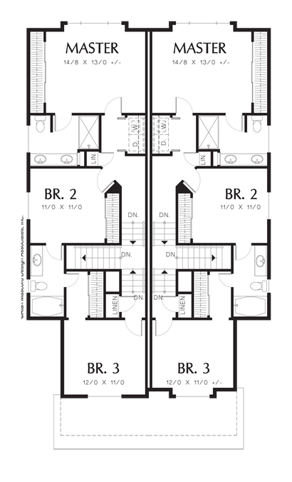 Upper Floor Plan image for Mascord Abbotsville-T-Shaped Staircase in Cottage Duplex-Upper Floor Plan