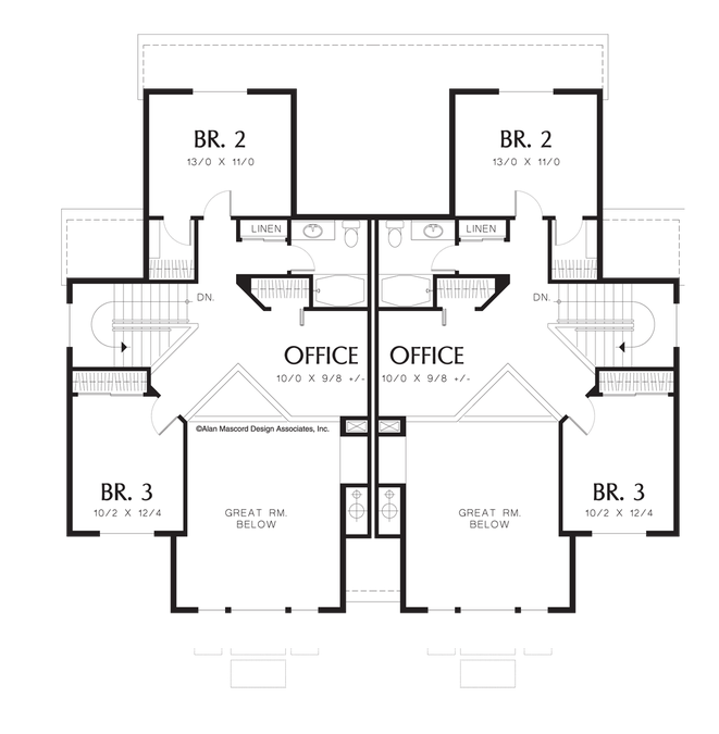 Upper Floor Plan image for Mascord Spencer-Duplex with French Doors and Fireplaces-Upper Floor Plan