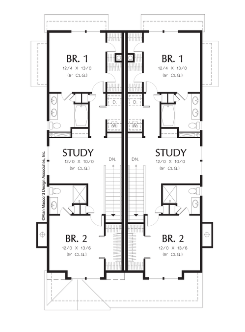 Upper Floor Plan image for Mascord Lakeview-Open Living and Dining Rooms in Craftsman Duplex-Upper Floor Plan