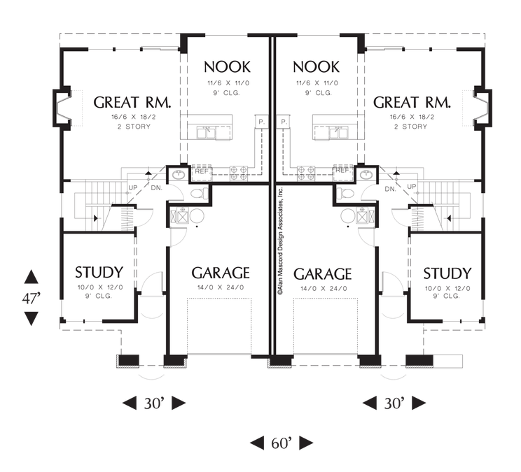 Main Floor Plan image for Mascord Taegon-Mirror Image, Recessed Entry Duplex-Main Floor Plan