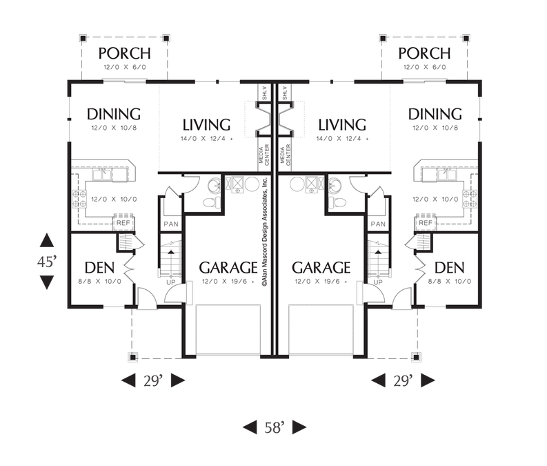 Main Floor Plan image for Mascord Lambrook-Back to Back Plans with 3 Bedrooms-Main Floor Plan